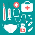 Set of medical icons instruments and medicines - first aid kit, syringe, stethoscope, thermometer, medical mask, medicine bottle, Royalty Free Stock Photo