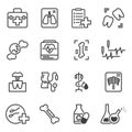 Set of medical icons related to x-ray, treatment, research and examination. Simple minimalistic images. Isolated linear Royalty Free Stock Photo