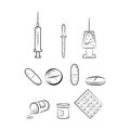 Set of medical icons, thin line style. Pill icons.