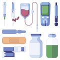 Set of medical icons of vacuum pump for blood sampling, ampules and spritz in a flat style isolated on a white Royalty Free Stock Photo