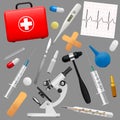 Set of medical instruments and preparations. First Aid Kit and its contents. Medicine and health. Vector Royalty Free Stock Photo