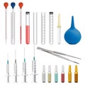 A set of medical and laboratory equipment. Measured laboratory test tubes and glass pipettes with a scale and a rubber