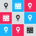 Set Medical location with cross, Infographic of city map and Search icon. Vector