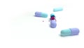 Set of medical pill capsule with colorful spherical drug particles inside. 3d illustration. Opened pill container