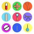 Set of medical round icons, medical equipment items capsule, pill, patch, stethoscope, plate, magnifier, gurney, thermometer, Royalty Free Stock Photo