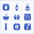 Set Medical rubber gloves, Fire flame, Test tube and flask, Periodic table, Mortar pestle, on fire and Water drop icon