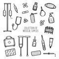 Collection of medical supplies vector flat illustration