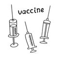 Set of Medical syringe. Hand drawn outline doodle. Medical supplies, medications to treat and protect against the virus. Covid-19 Royalty Free Stock Photo