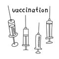 Set of Medical syringe. Hand drawn outline doodle. Medical supplies, medications to treat and protect against the virus. Covid-19 Royalty Free Stock Photo