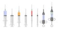 A set of medical syringes of various shapes and purposes. Syringes for injection. Disposable and reusable vintage Royalty Free Stock Photo