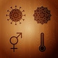 Set Medical thermometer, Virus, Gender and Virus on wooden background. Vector