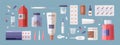Set of medical tools and medicines isolated on white background - pills in blisters and jars, syringe, thermometer