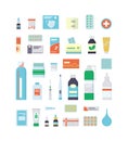 Set of medications, drugs, pills and bottles for first aid kit and medical cabinet. Royalty Free Stock Photo