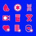 Set Medicine bottle, Pills blister pack, Shield and heart rate, Awareness ribbon, Heart with cross, Medical symbol of Royalty Free Stock Photo