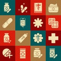 Set Medicine bottle and pills, Cross hospital medical, Pills blister pack, Medical book, IV bag, or tablet, and icon