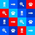 Set Medicine bottle and pills, Fish skeleton, Veterinary clinic and Paw print icon. Vector