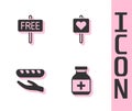 Set Medicine bottle and pills, Free sign, Donation food and Location with heart icon. Vector