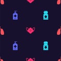 Set Medicine bottle and pills, Liquid antibacterial soap, Medical protective mask and Lungs on seamless pattern. Vector