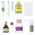 Set of medicine bottles with labels and pills. drugs, tablets,capsules vitamins.syringe, thermometer, vector illustration in flat Royalty Free Stock Photo