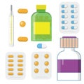 Set of medicine bottles with labels and pills. drugs, tablets,capsules vitamins.syringe, thermometer, vector illustration in flat Royalty Free Stock Photo