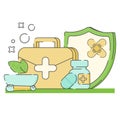 Set of Medicine and Health flat icons.Medical preparations injections, pills, bottle, first aid kit