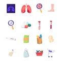 Set of Medicine Icons Xray of Diseased Lungs, Germs under Magnifier and Foot with Veins, Medical Pills Royalty Free Stock Photo