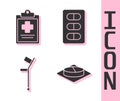 Set Medicine pill or tablet, Medical clipboard with clinical record, Crutch or crutches and Pills in blister pack icon