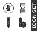 Set Medicine pill or tablet, No handshake, Blood test and virus and DNA symbol icon. Vector