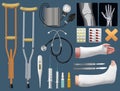 Set of medicine surgical traumatology objects. Treatment of bone fracture. Plaster splint, crutch, x-ray, arm and leg in plaster s Royalty Free Stock Photo