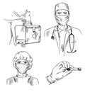 Set of medicine themed icons: doctor and nurse wearing masks, hand with the bloos test and ambulance first aid kit