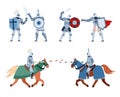 Set of medieval ancient knights in armour, flat vector illustration isolated.