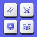 Set Medieval arrows, Skull with sword, King crown and Castle icon. White square button. Vector Royalty Free Stock Photo
