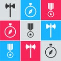 Set Medieval axe, Compass and Military reward medal icon. Vector Royalty Free Stock Photo