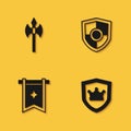 Set Medieval axe, Shield with crown, flag and icon with long shadow. Vector