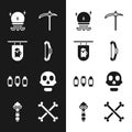 Set Medieval Bow, Street Signboard With Bar, Magic Ball, Pickaxe, Bullet, Skull, Crossed Human Bones And Wand Icon