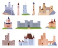 Set of medieval castles, fortresses and towers. Fortified housing of the ruler. Fabulous buildings. Vector illustration on a white Royalty Free Stock Photo