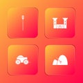 Set Medieval chained mace ball, Castle, Wooden four-wheel cart and Bale of hay and rake icon. Vector