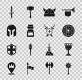 Set Medieval chained mace ball, goblet, Round wooden shield, Viking horned helmet, Poison bottle, iron, Dagger and with