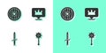 Set Medieval chained mace ball, Round wooden shield, Dagger and Location king crown icon. Vector