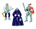 Set of Medieval Characters Peasant, Fat Monk, Knight Wearing Armor and Sword Brave Warrior Crusader Isolated