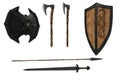 Set of medieval fantasy weapons with sword, axe, spear and shields, Isolated 3D illustration