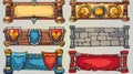 This set of medieval game menu frames, UI elements, buttons, gold, silver, and red banners with ornate rims come with a