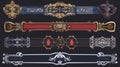 Set of medieval game UI elements, buttons, gold, silver and red banners, borders, web design interfaces. Cartoon gui