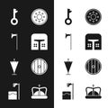 Set Medieval iron helmet, axe, Old key, Round wooden shield, flag, King crown and Executioner tree block icon. Vector