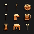 Set Medieval iron helmet, axe, Wooden mug, Castle tower, chained mace ball, Round wooden shield and icon. Vector