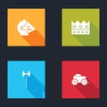 Set Medieval iron helmet, King crown, axe and Wooden four-wheel cart icon. Vector Royalty Free Stock Photo