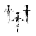 Set of medieval magic daggers. Hand drawn sketch illustration. Vector black ink drawing isolated on white background. Grunge style