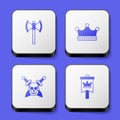 Set Medieval poleaxe, King crown, Skull with sword and flag icon. White square button. Vector Royalty Free Stock Photo