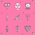 Set Medieval poleaxe, Skull, Magic ball, Dagger, Sword with blood, Neptune Trident, for game and Pirate flag icon