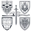 Set of medieval shields with celtic pattern and ornaments, knight armor, chivalry shields